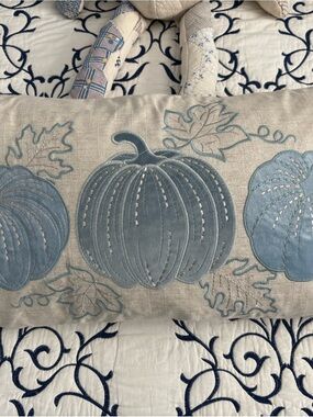 Splendid Blue and Cream Pumpkin Embroidered Holiday Pillow